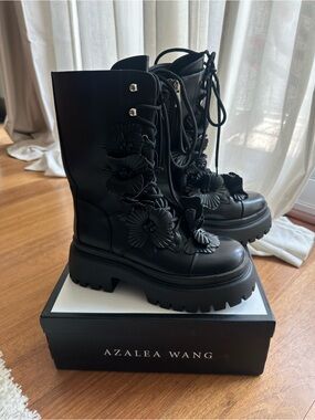 Azalea Wang Black Floral Appliqué Combat Boots